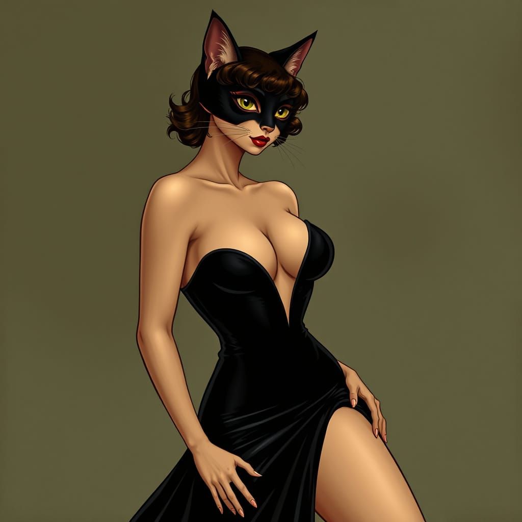 Elegant Catwoman in Art Nouveau Style Gown