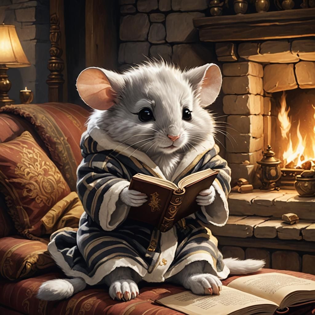 Fluffy Mouse Reads by Firelight in Fantasy Art Style