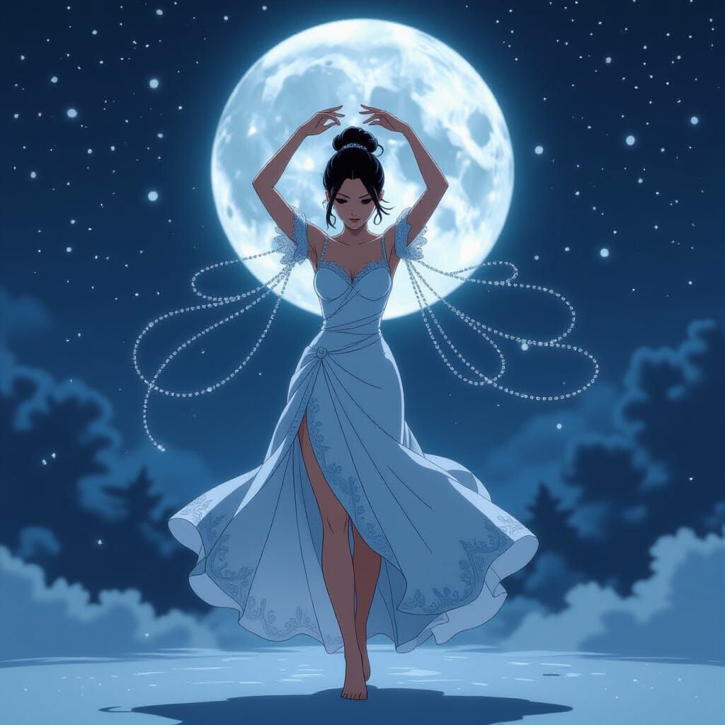 Woman Dances in Moonlight with Smoke Figure