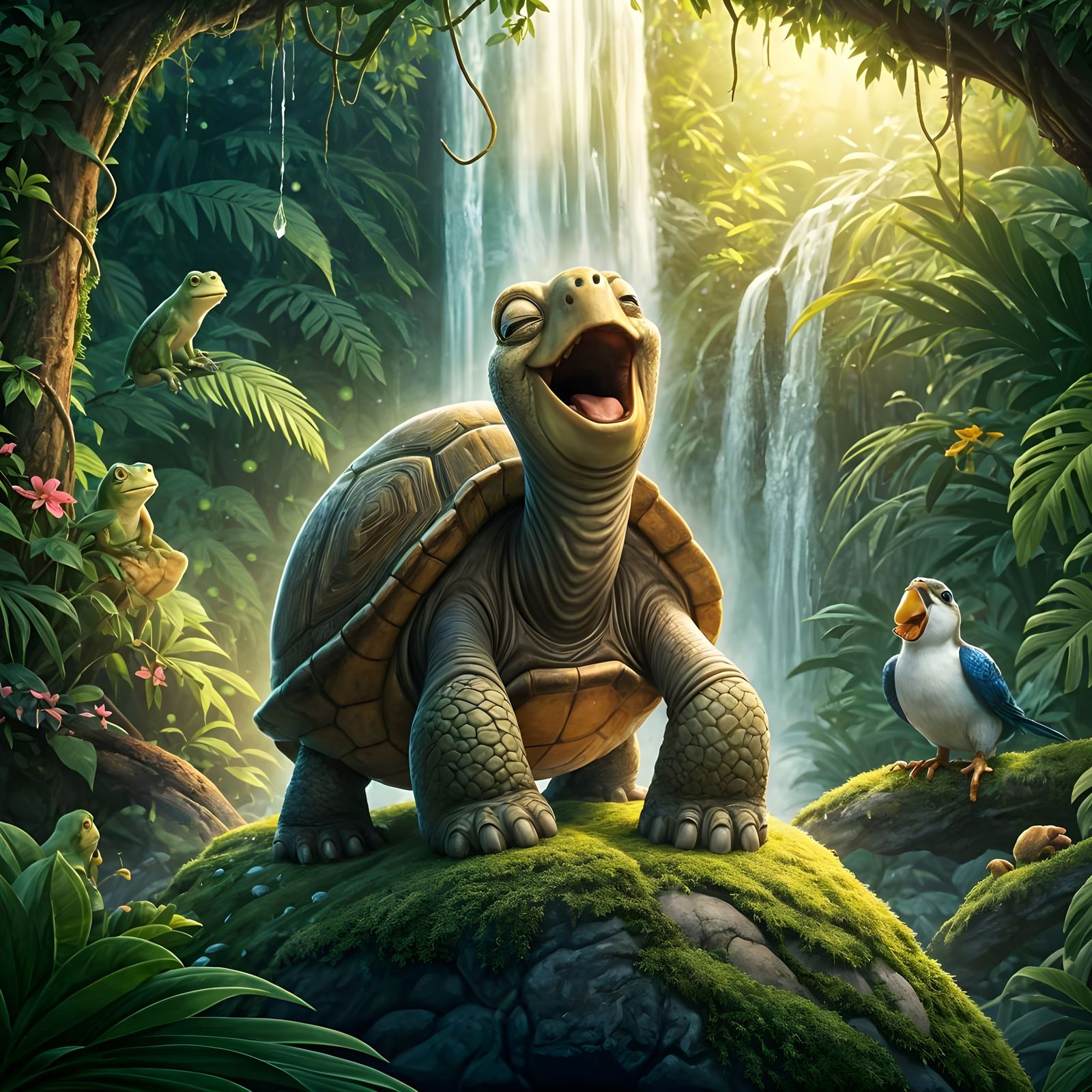 Singing Turtle Under Waterfall: Pixar-Style