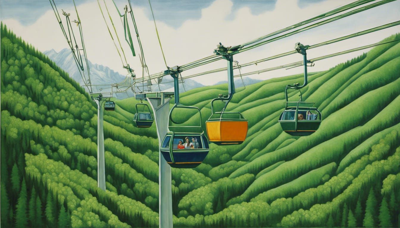 Gondola Chairlift Ascends Green Mountains: Egg Tempera Paint...