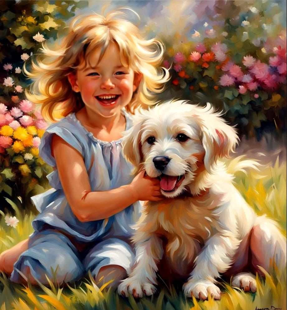 Joyful Children Play Fetch with Puppy in Oil Painting