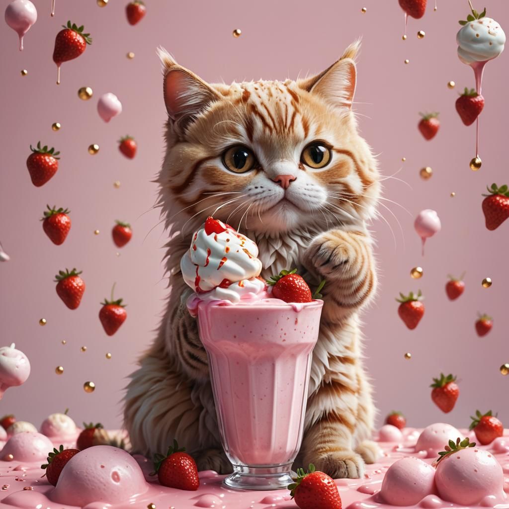 Kawaii Cat Hugs Strawberry Milkshake: Digital Matte Painting