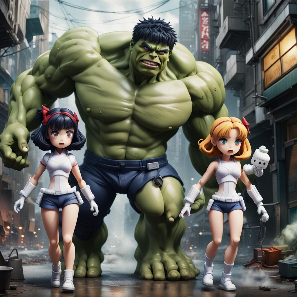Hulk and Dolls vs. Marshmallow Man in Anime Style
