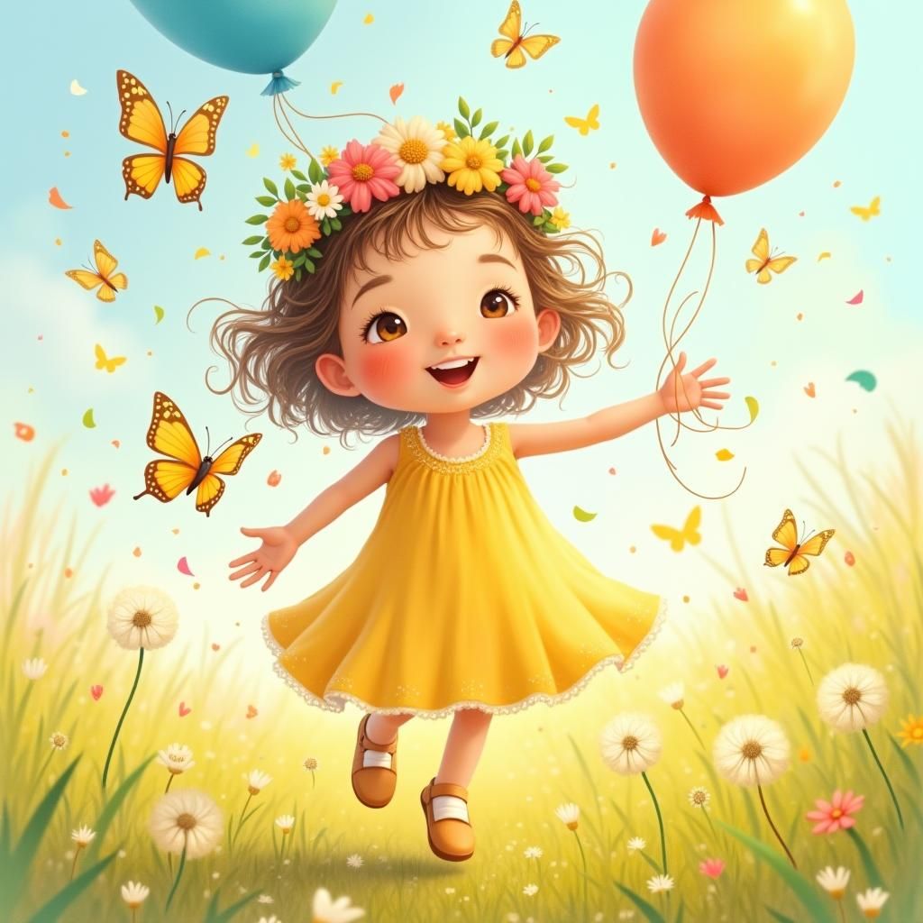 Girl Spreading Happiness in a Whimsical Meadow