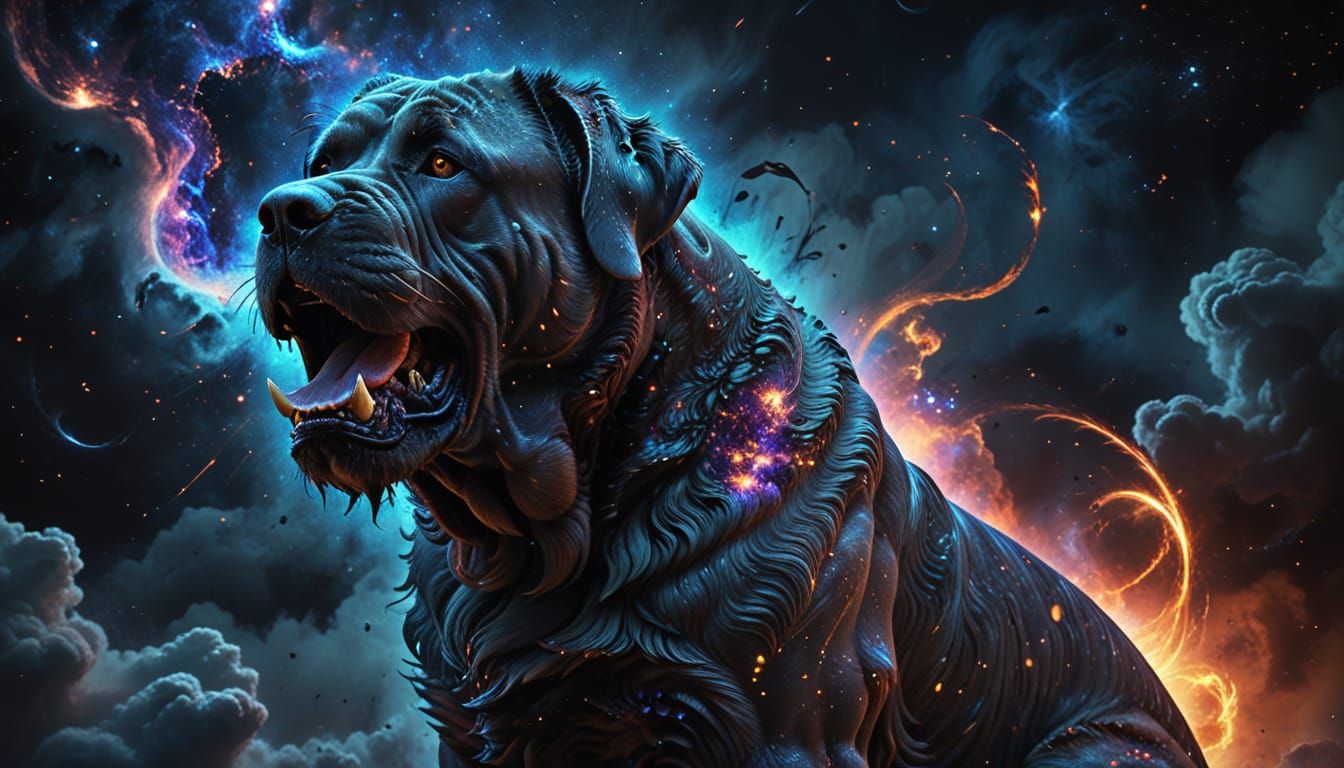 Cosmic Horror Mastiff Howling at Fractured Moon