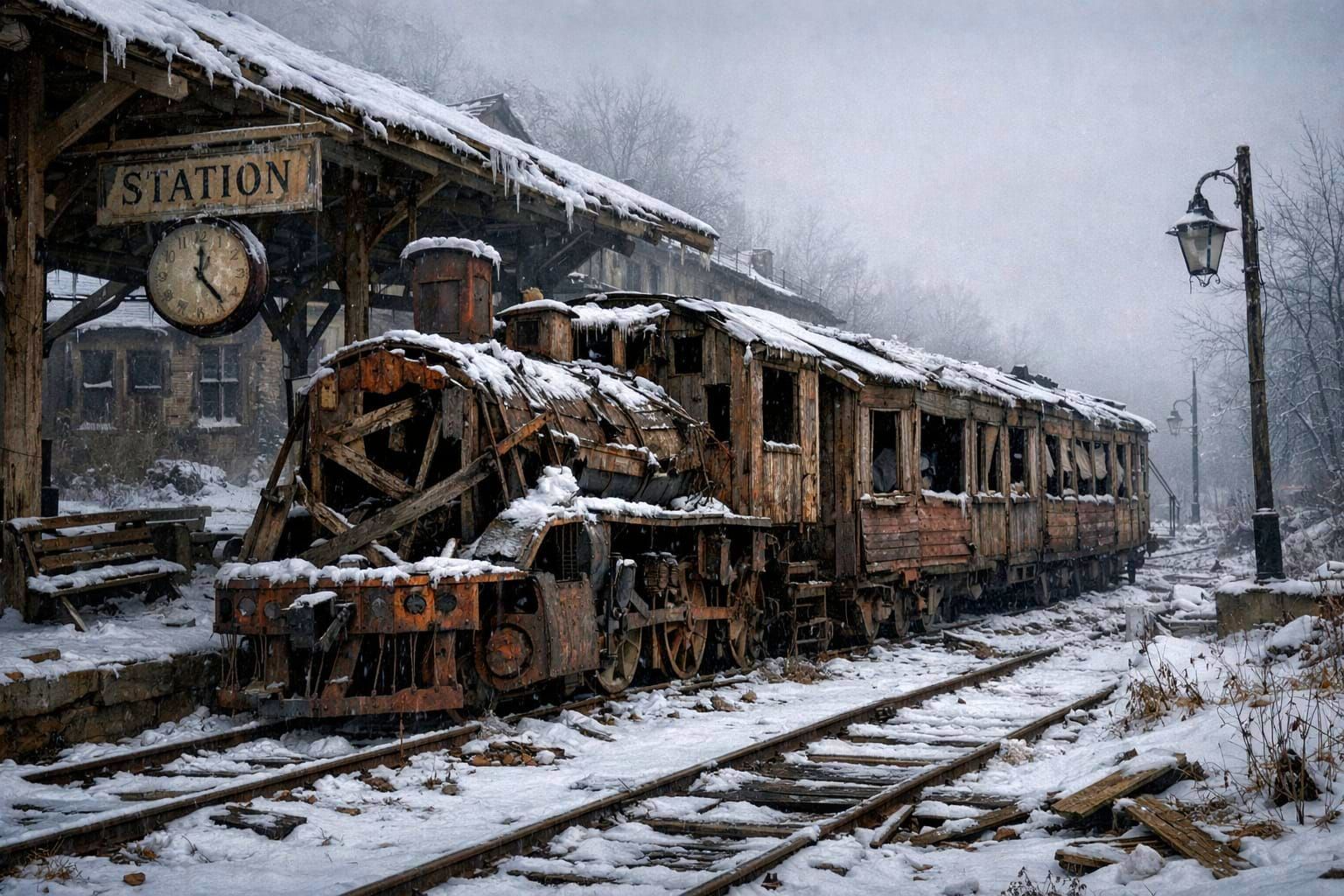 Abandoned Snowy Train Station with Broken Wooden Train
