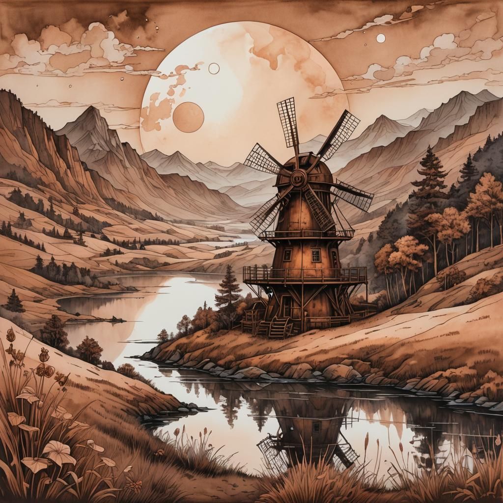 Copper Steampunk Windmill Landscape in Maximalist Style