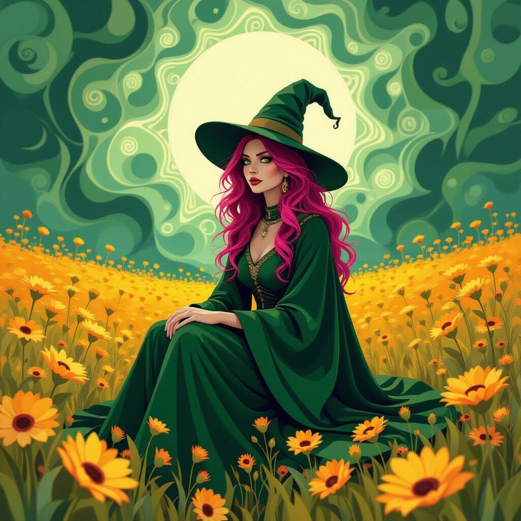 Witch in Field of Yellow Flowers with Pink Hair