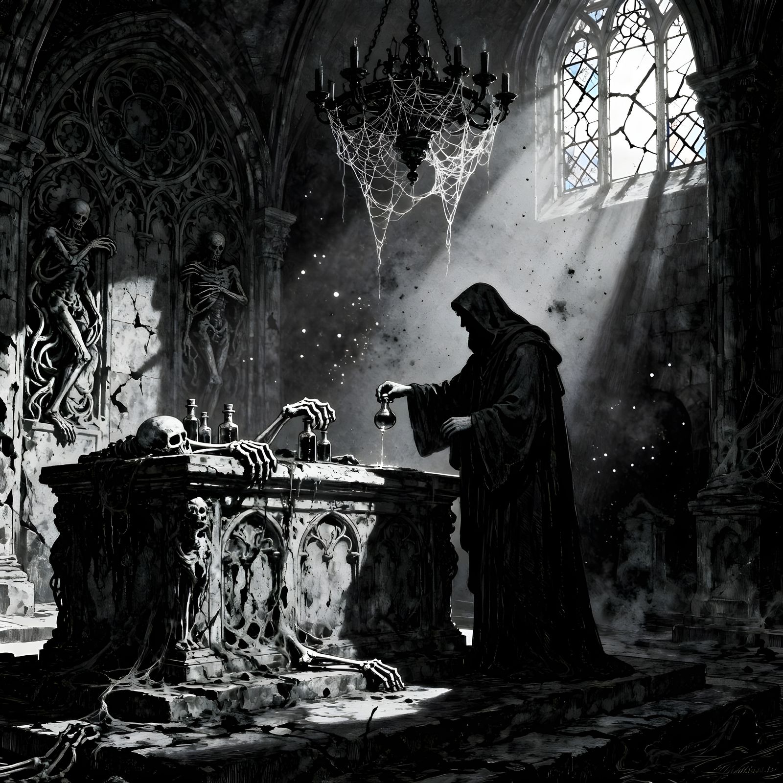 Macabre Crypt Scene with Chiaroscuro Lighting