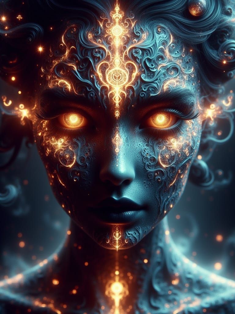 Celestial Being Portrait with Glowing Tattoos