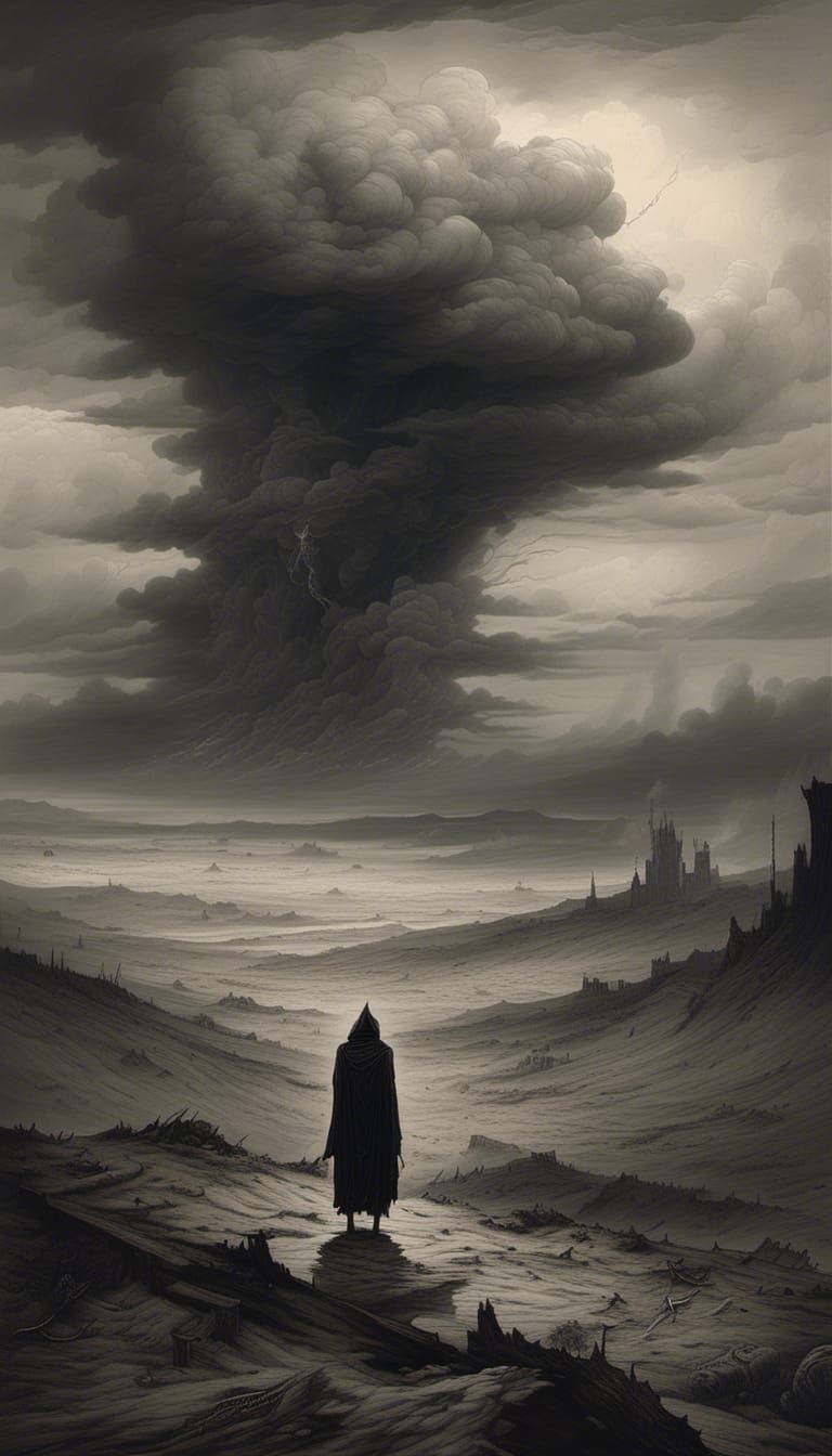 Desolate Cloaked Figure in Dark Fantasy Landscape
