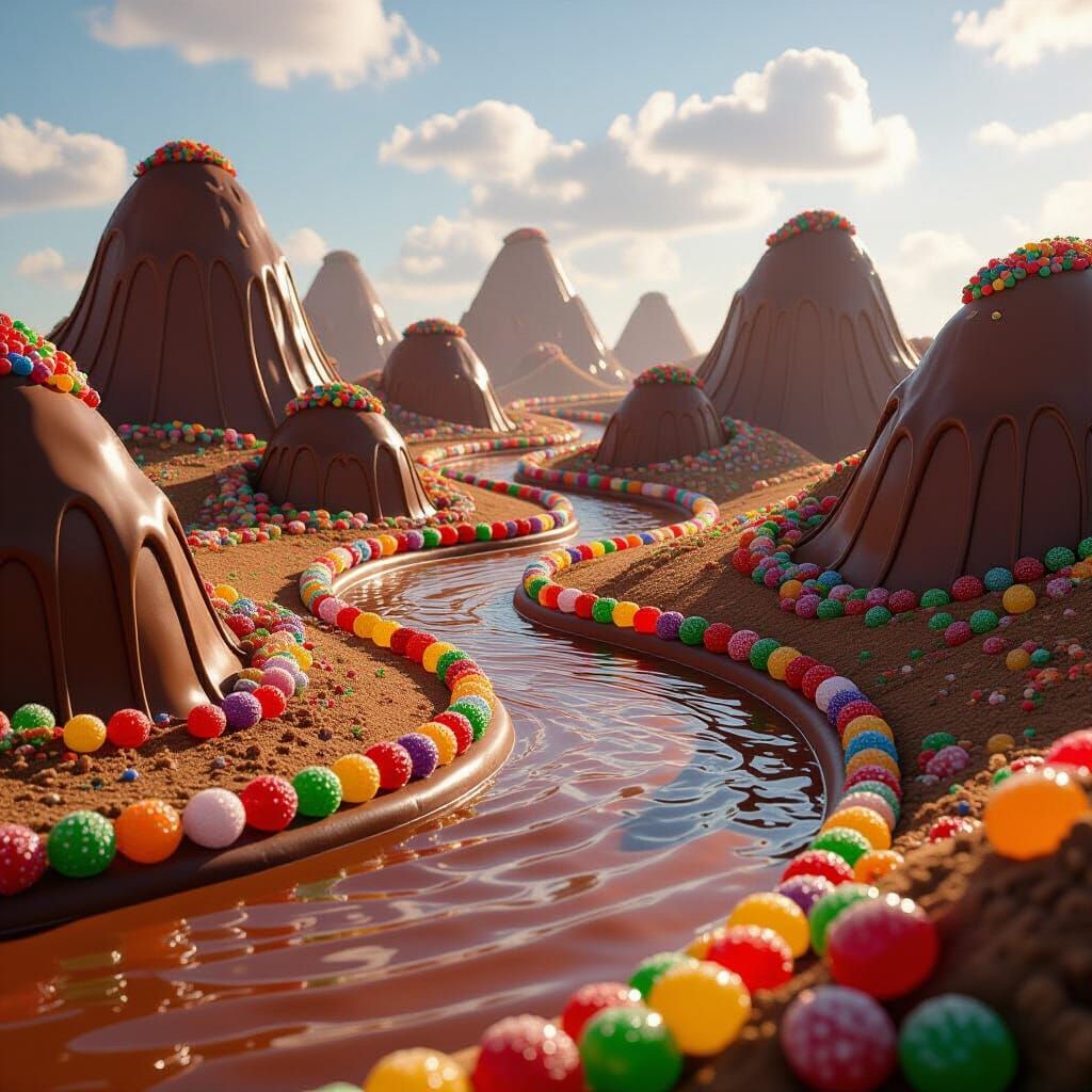 Chocolate River Flows Through Candy Hills