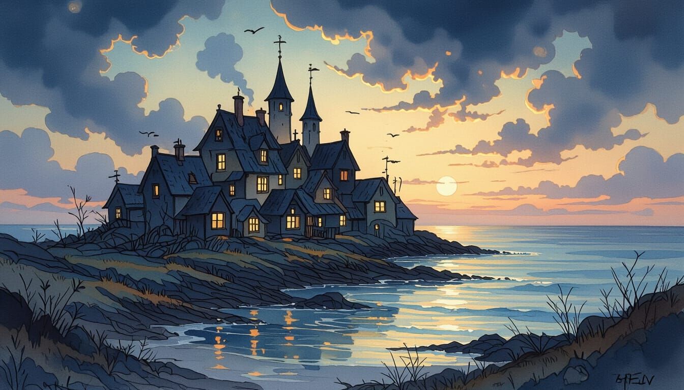 Mysterious Coastal Village Oil Painting at Dusk