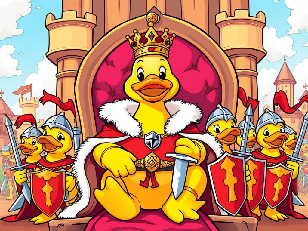 Rubber Duck King Rules in Whimsical Comic Style