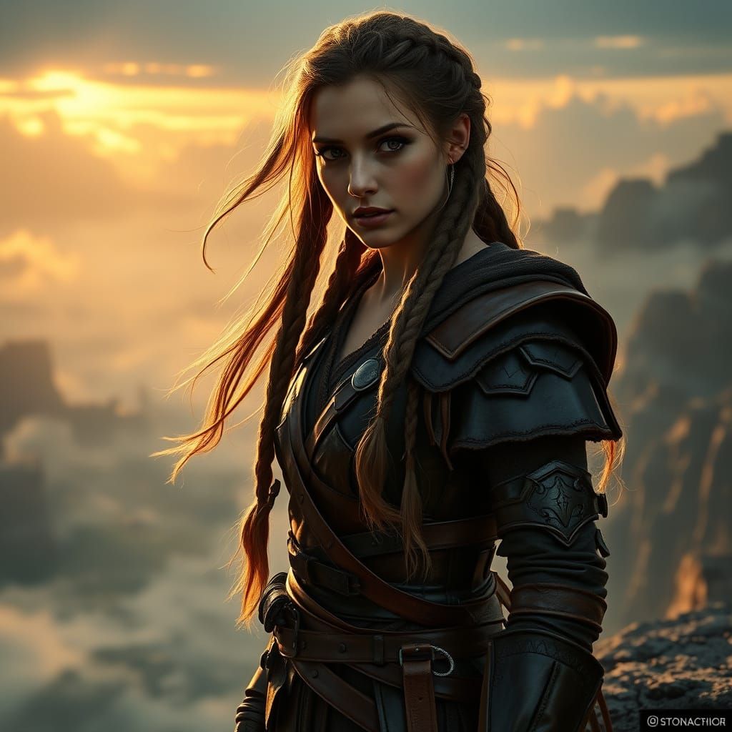 Ethereal Female Warrior on Cliff's Edge, Bathed in Golden Da...