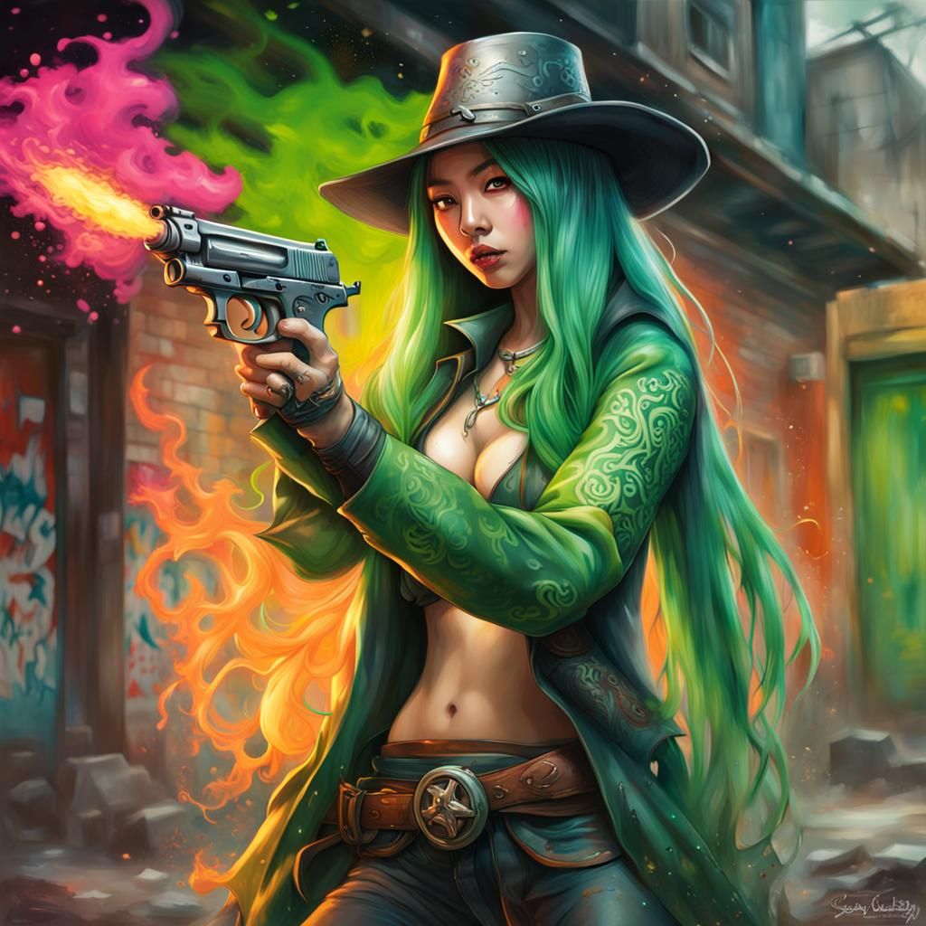 Asian Sorceress Gunslinger in Graffiti Art Style