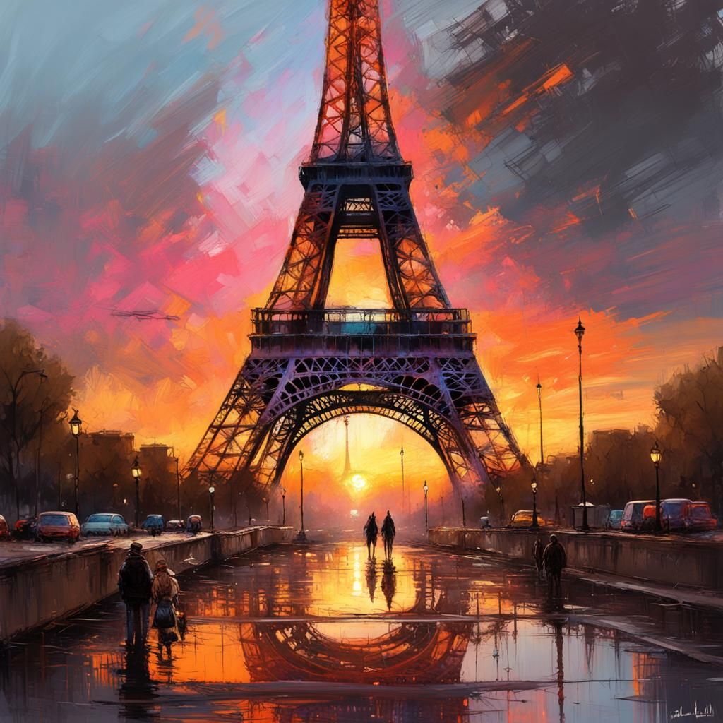 Eiffel Tower Sunset: Detailed Matte Painting