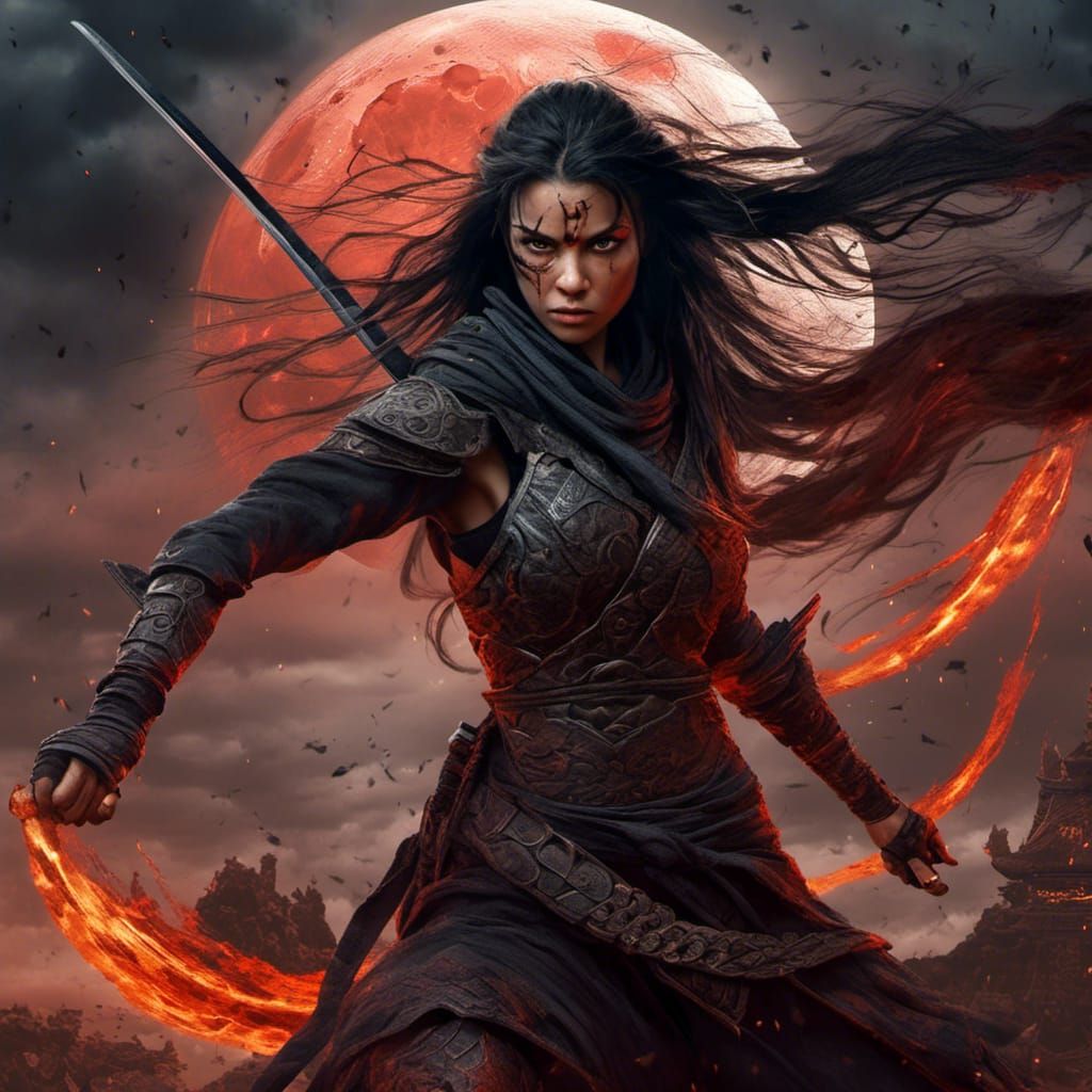 Battle-Worn Ninja Under Blood Moon, Fantasy Concept Art