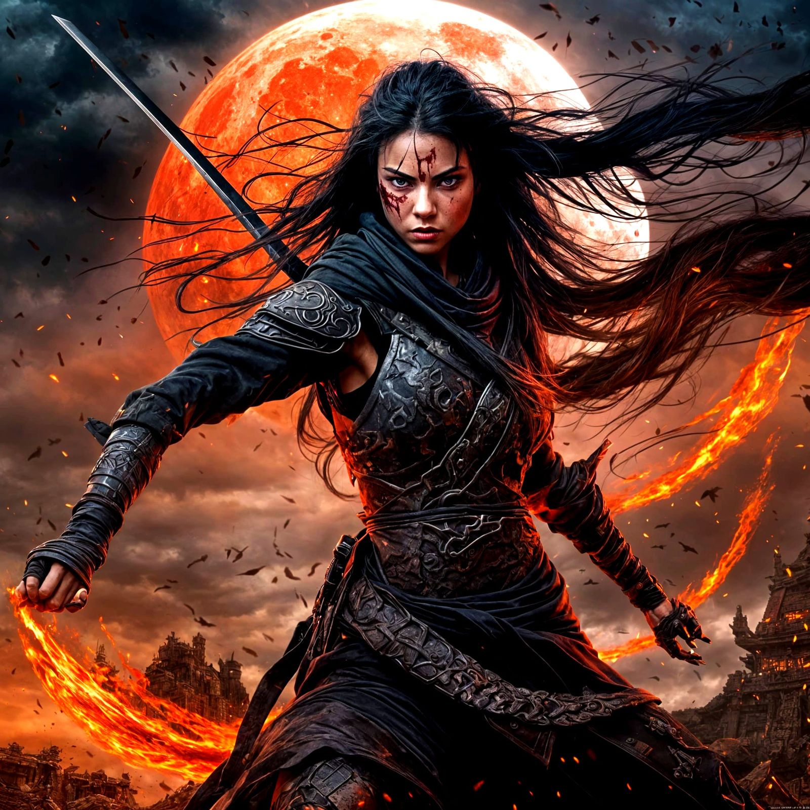 Battle-Worn Ninja Under Blood Moon, Fantasy Concept Art