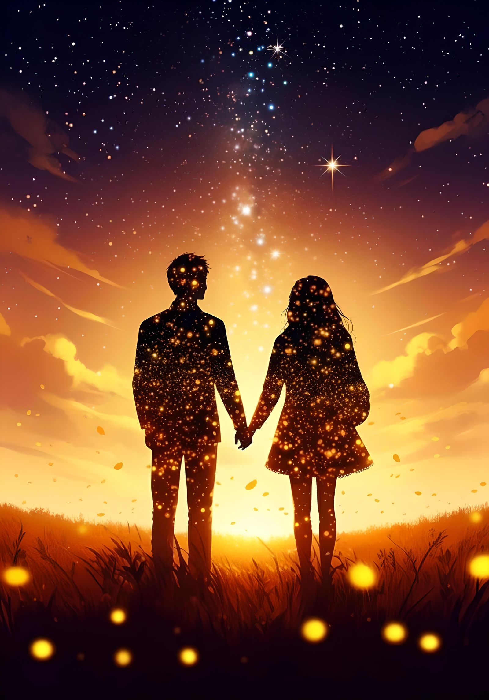 Ethereal Couple in Firefly Field Under Starlit Sky