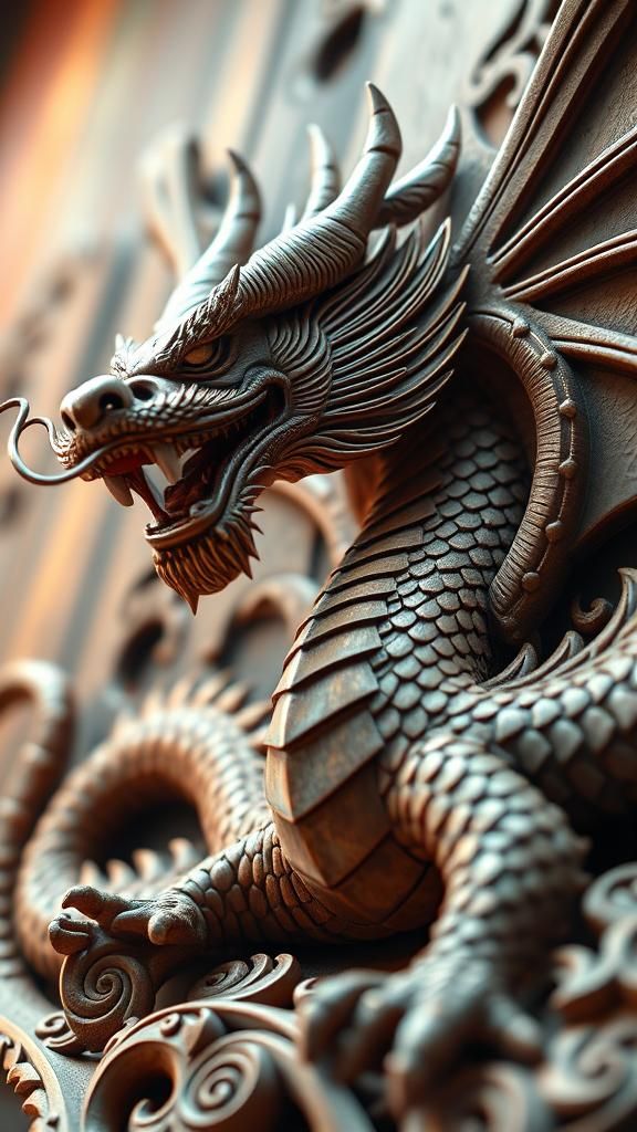 Detailed Wood Carving of a Chinese Dragon