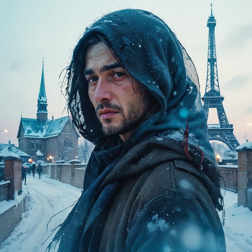 Man Walks on Snowy Street in Impressionist Style