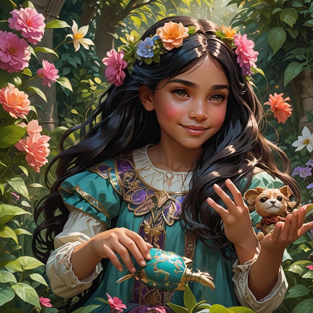 Girl with Handmade Doll in Lush Garden, Detailed Portrait