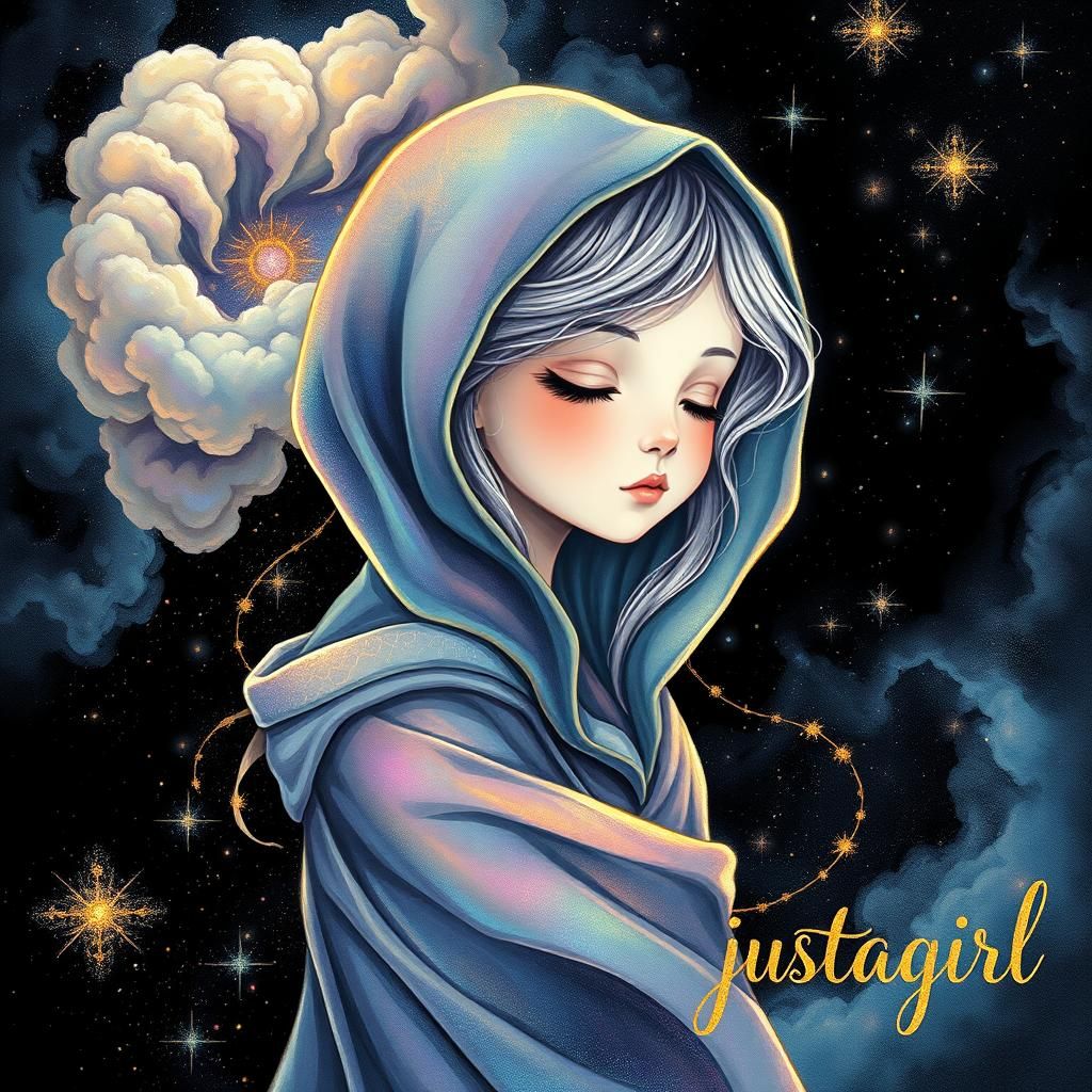 Ethereal Girl in Cosmic Dreamscape: Holographic Illustration