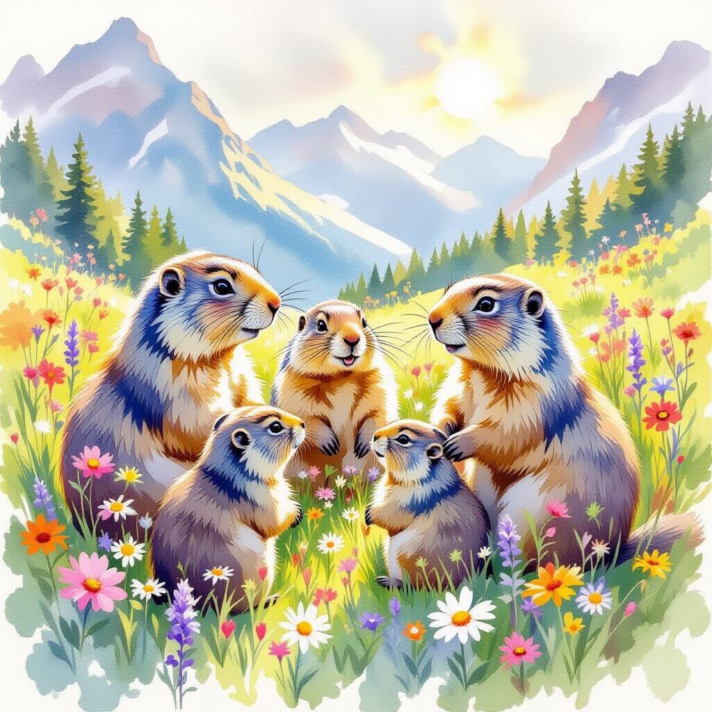 Marmot Family Gathering in Watercolor Meadow