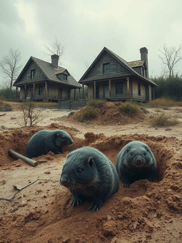 Abandoned Houses in a Post-Apocalyptic Landscape with Emergi...