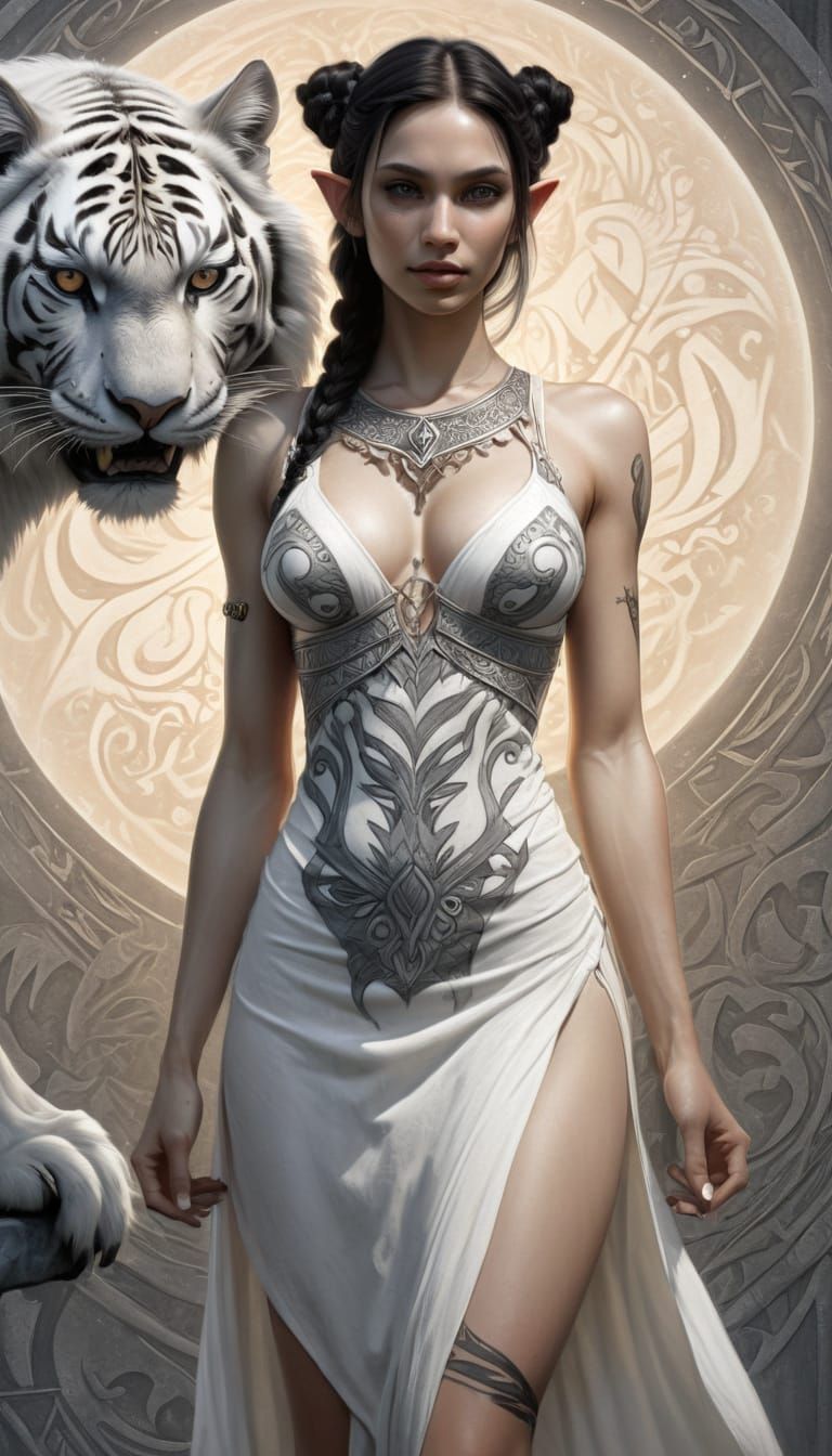 Gothic Elf Woman With White Tiger, Pencil Sketch Style