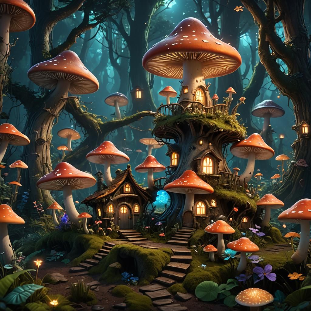 Enchanted Bioluminescent Forest: Fairy Mushroom House