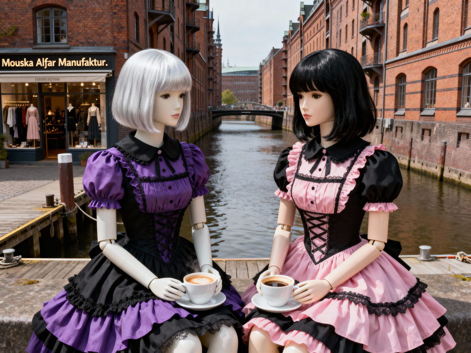 Mannequin Friends Enjoy Coffee in Hamburg Speicherstadt