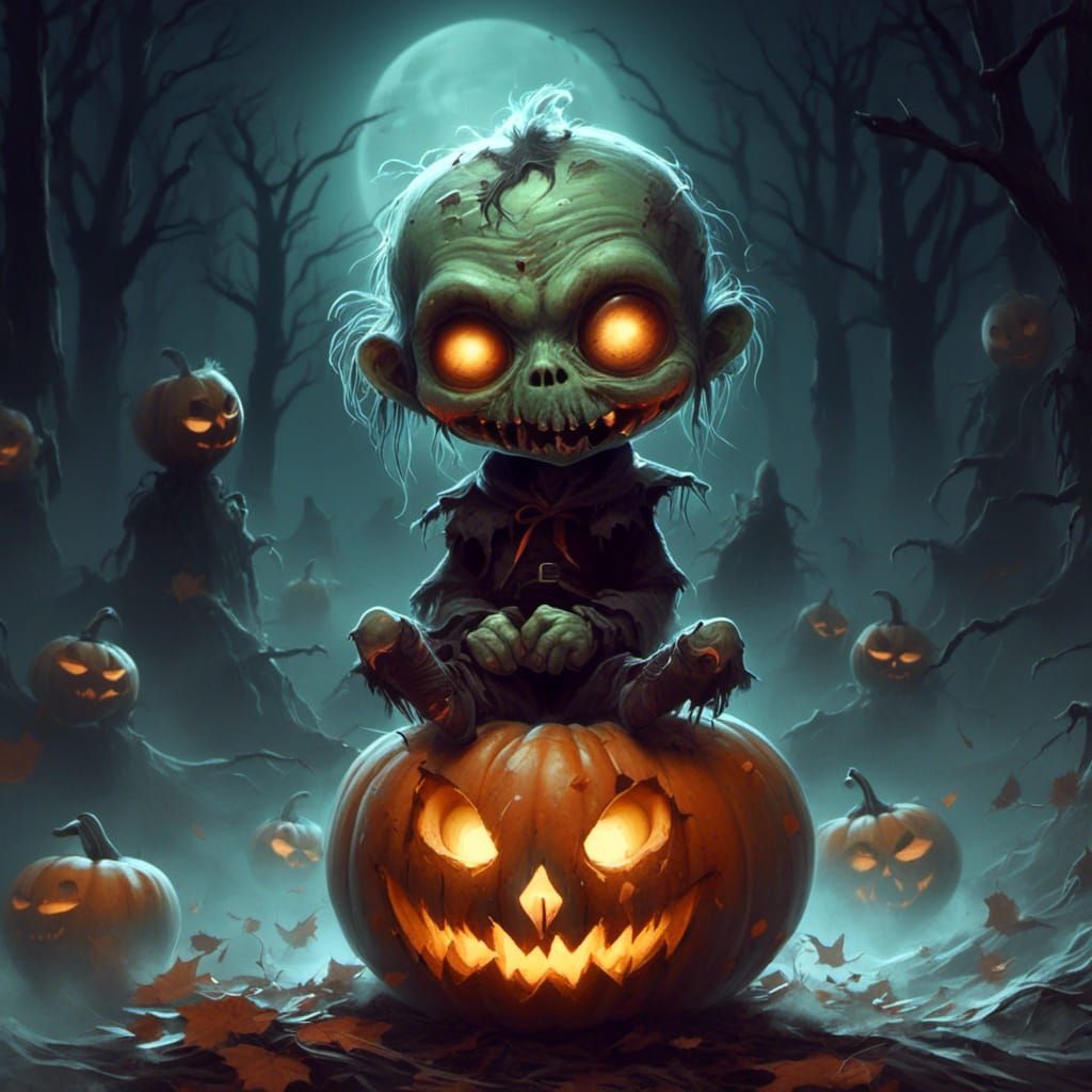 Cute Zombie on Pumpkin, Digital Illustration