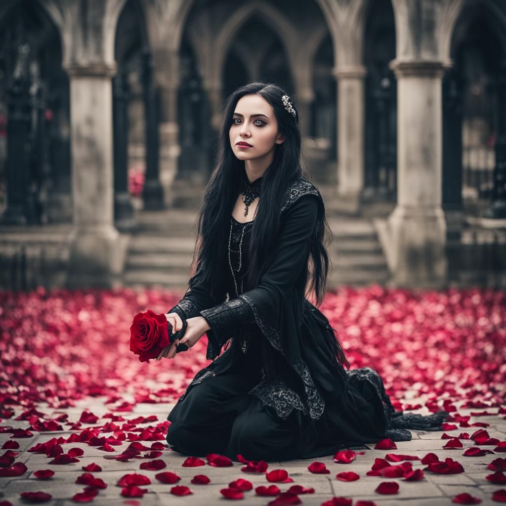 Gothic Woman Kneeling with Rose Petals