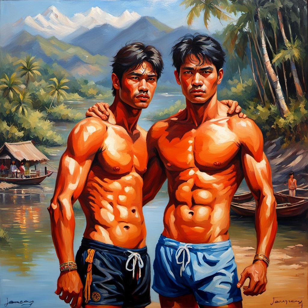Realistic Oil Painting of Two Men in Thailand