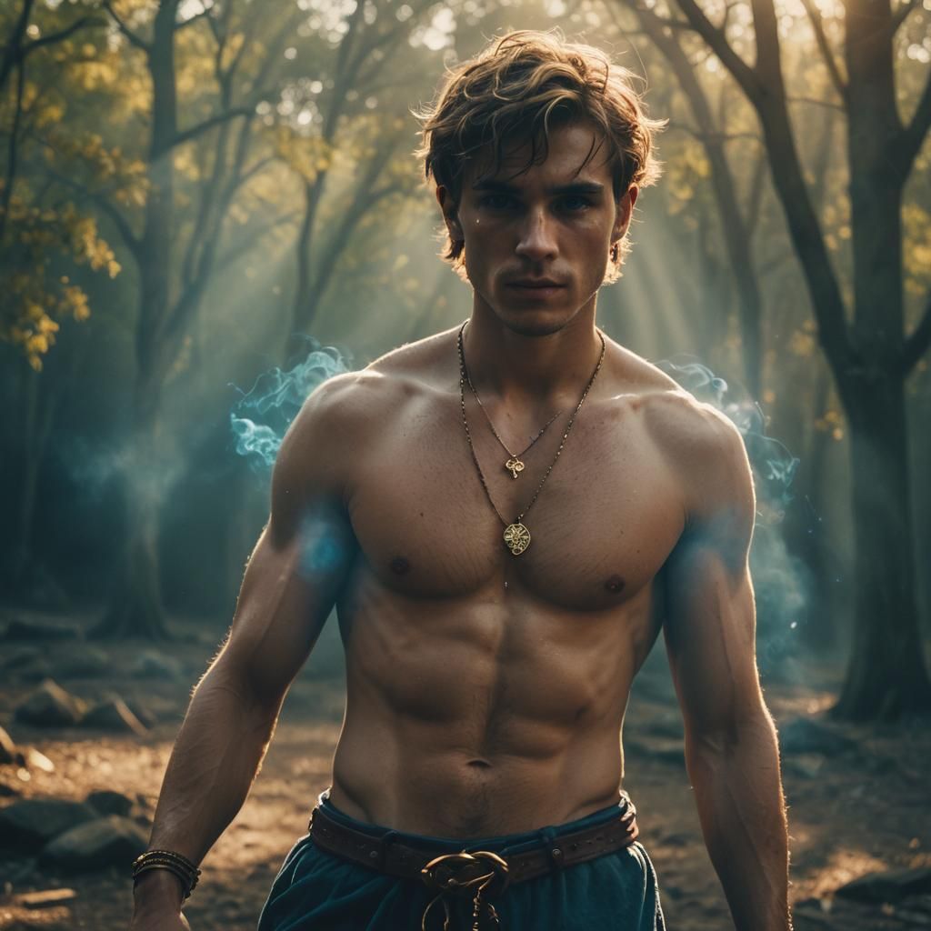 Shirtless Mage with Magic Necklace in Cinematic Style