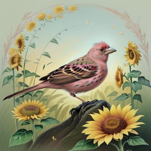 Vibrant Rosefinch in Soft Sunflower Petals, Peaceful Slumber