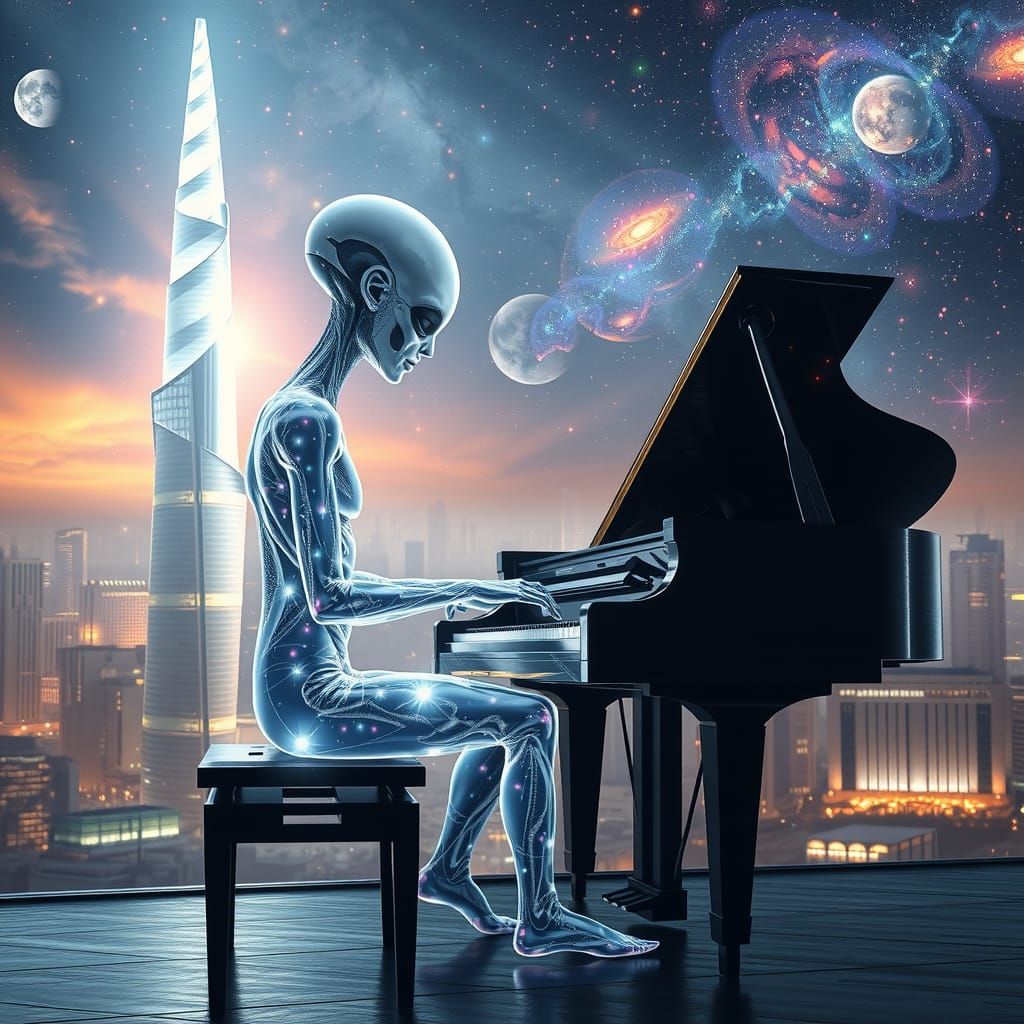 Glowing Alien Pianist in Futuristic Cityscape