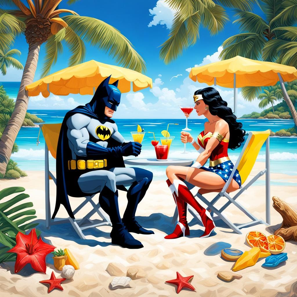 Batman and Wonder Woman on Tropical Beach Vacation
