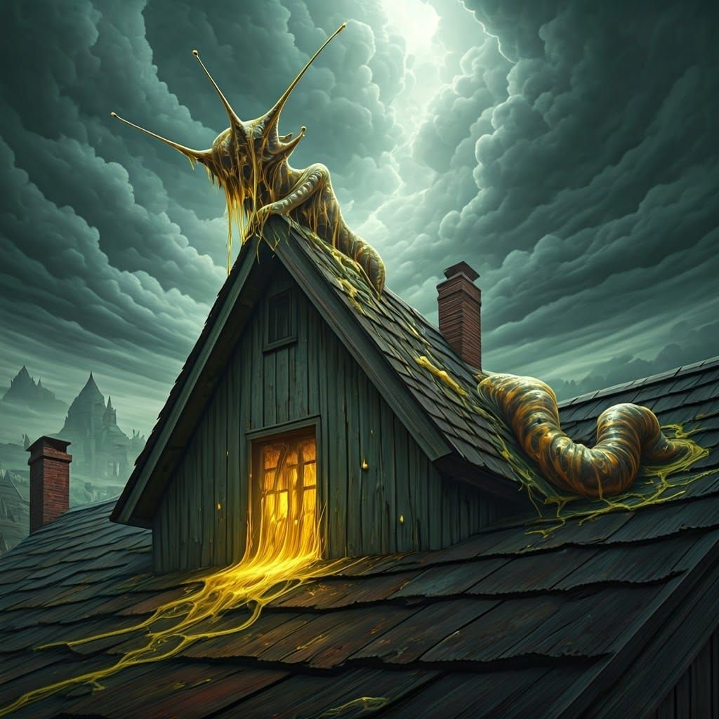 Slime Covered Slug Girl on Country House Roof