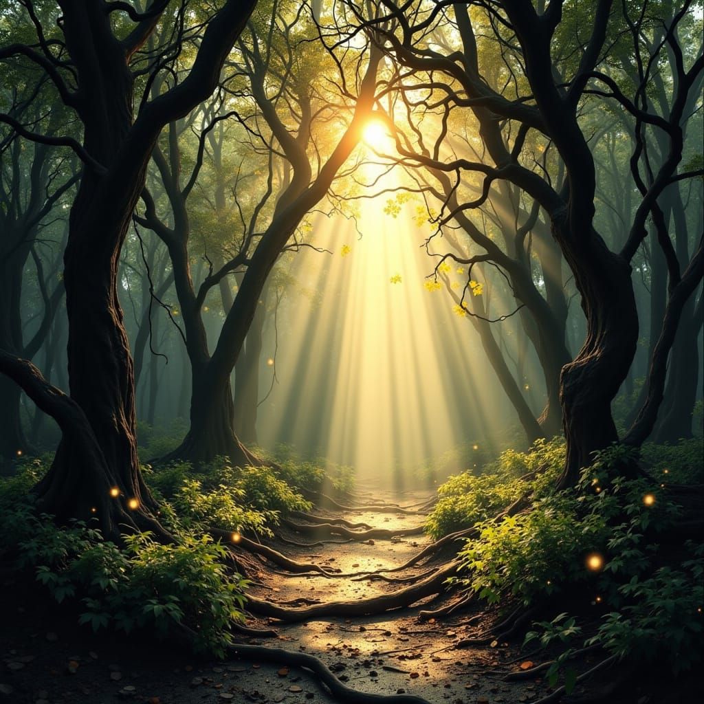 Serene Forest Path with Golden Sunlight