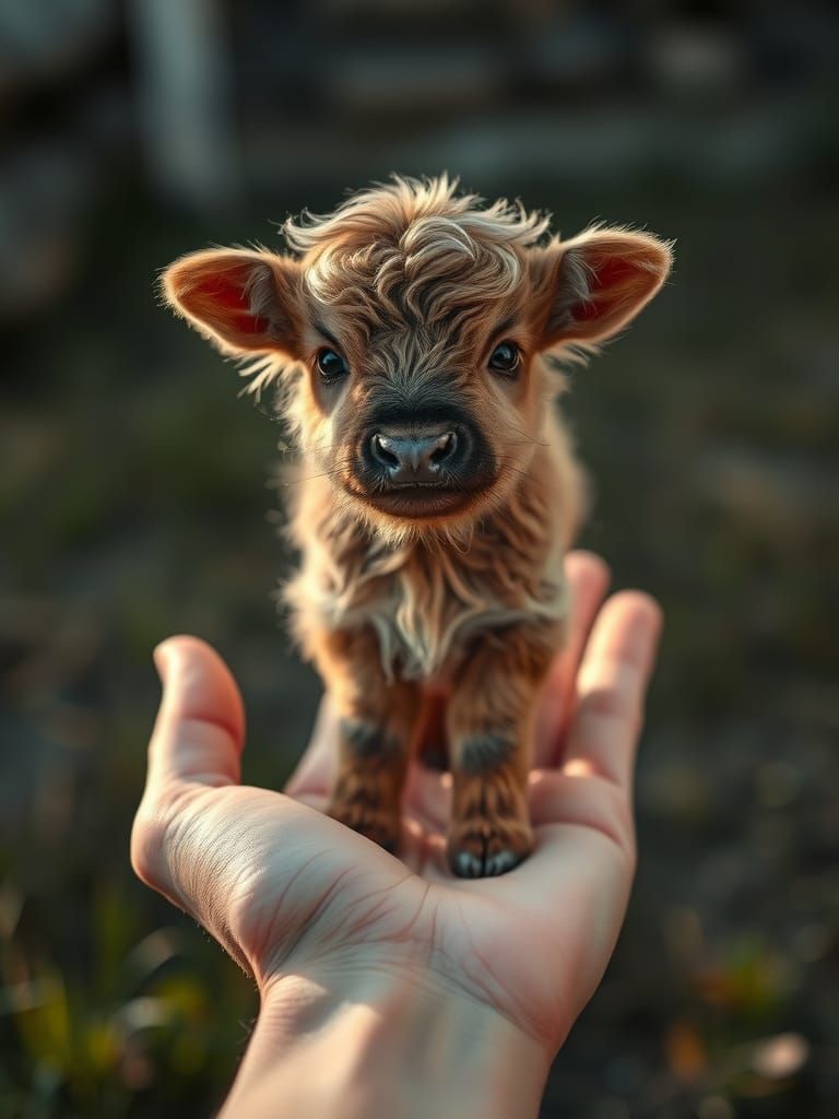 Tiny Highland Calf in Palm: Adorable Animal Photography