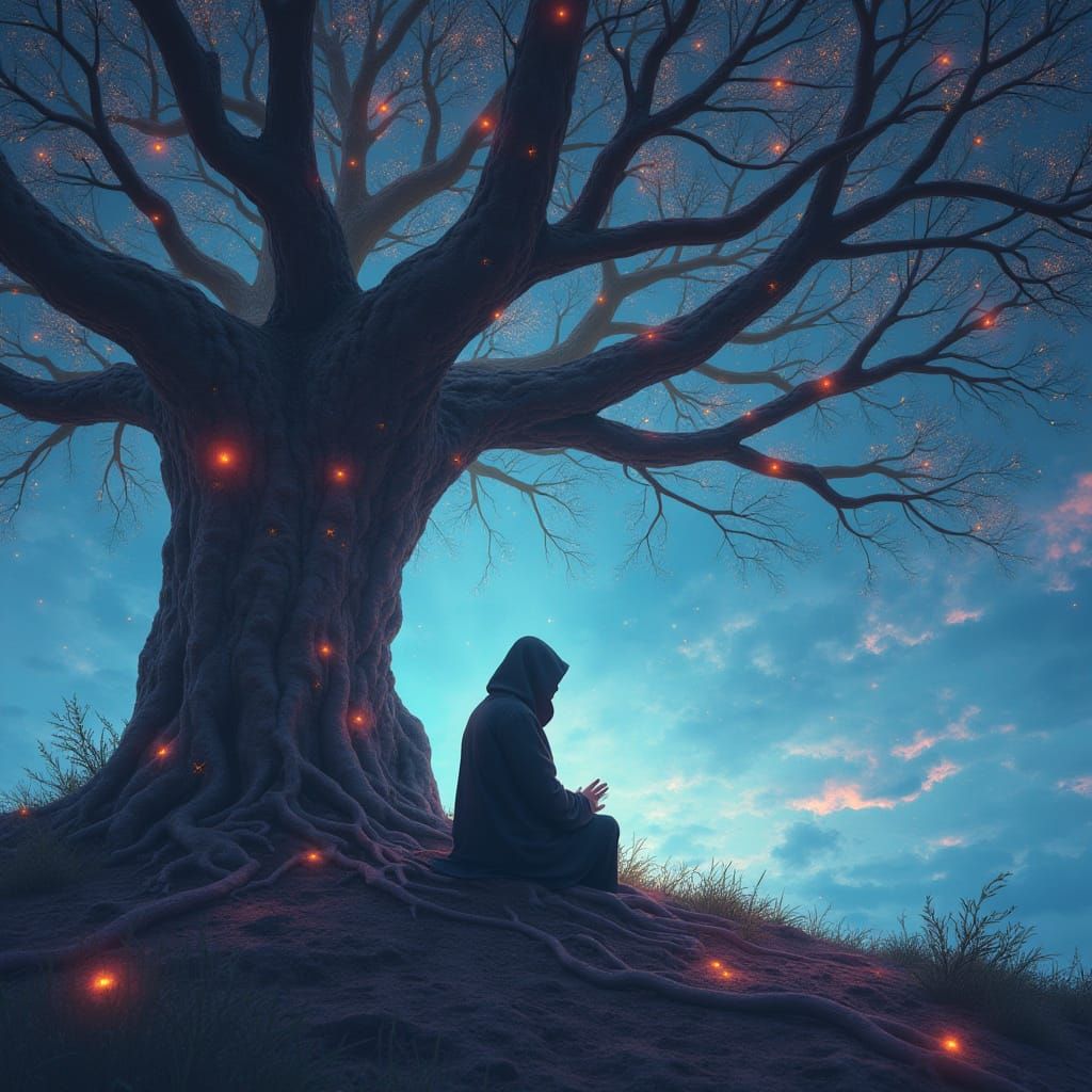 Meditating Figure in Quantum Forest, Digital Surrealism