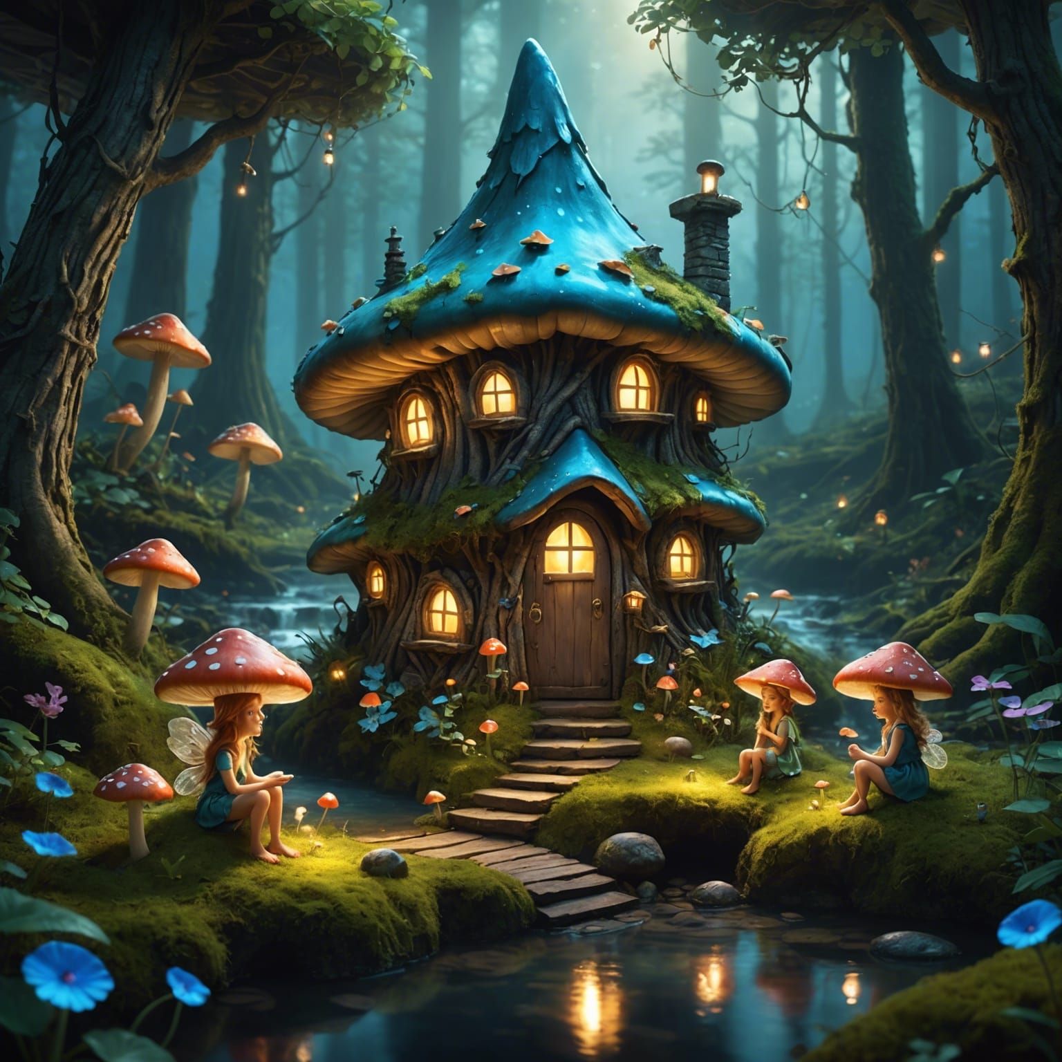 Fairies in Bioluminescent Forest Digital Painting