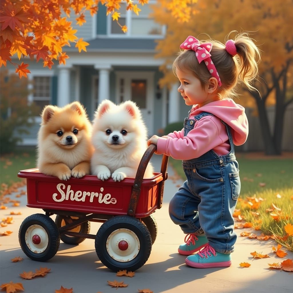 Child with Wagon and Pomeranians: 8k Oil Painting