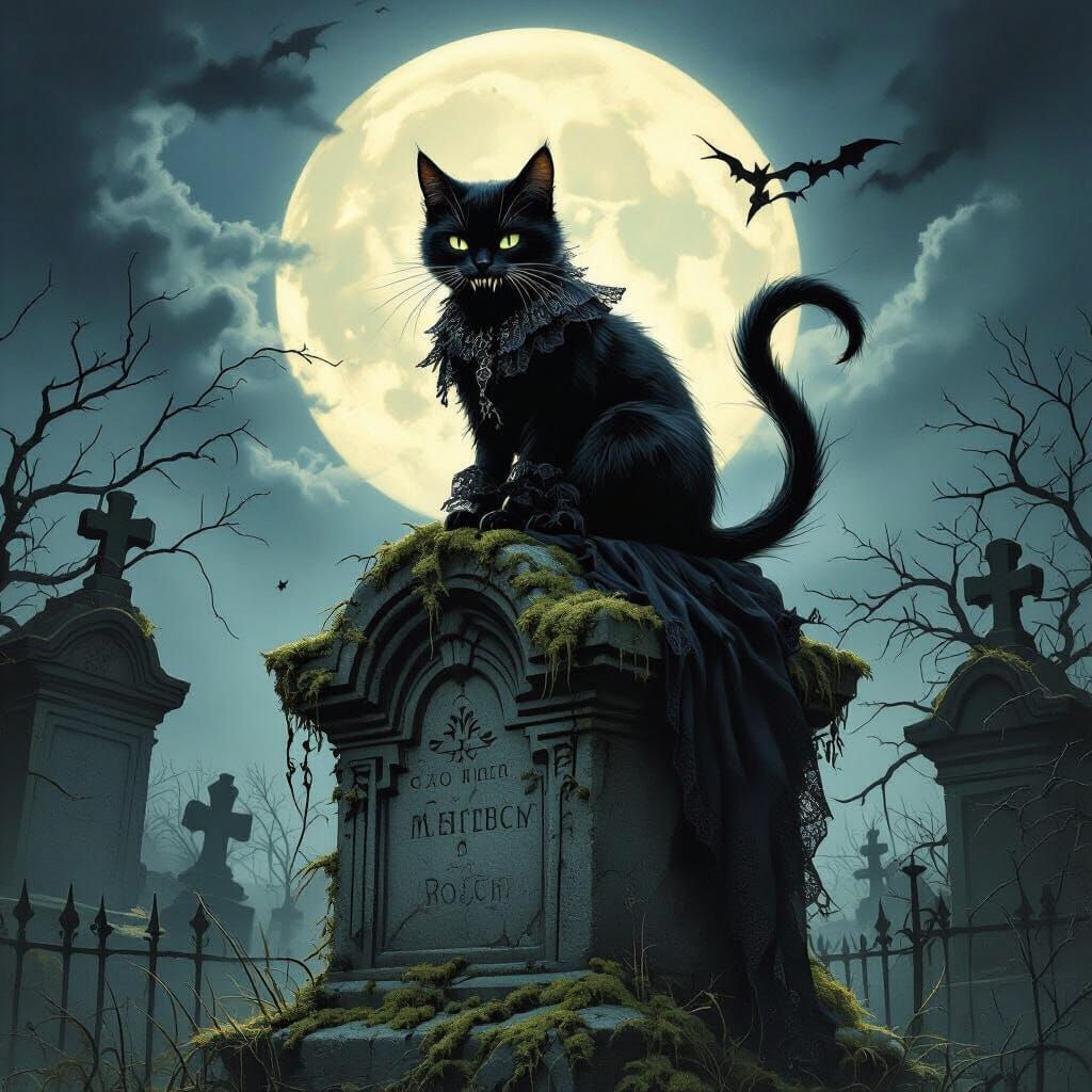 Gothic Specter Black Cat in Cemetery