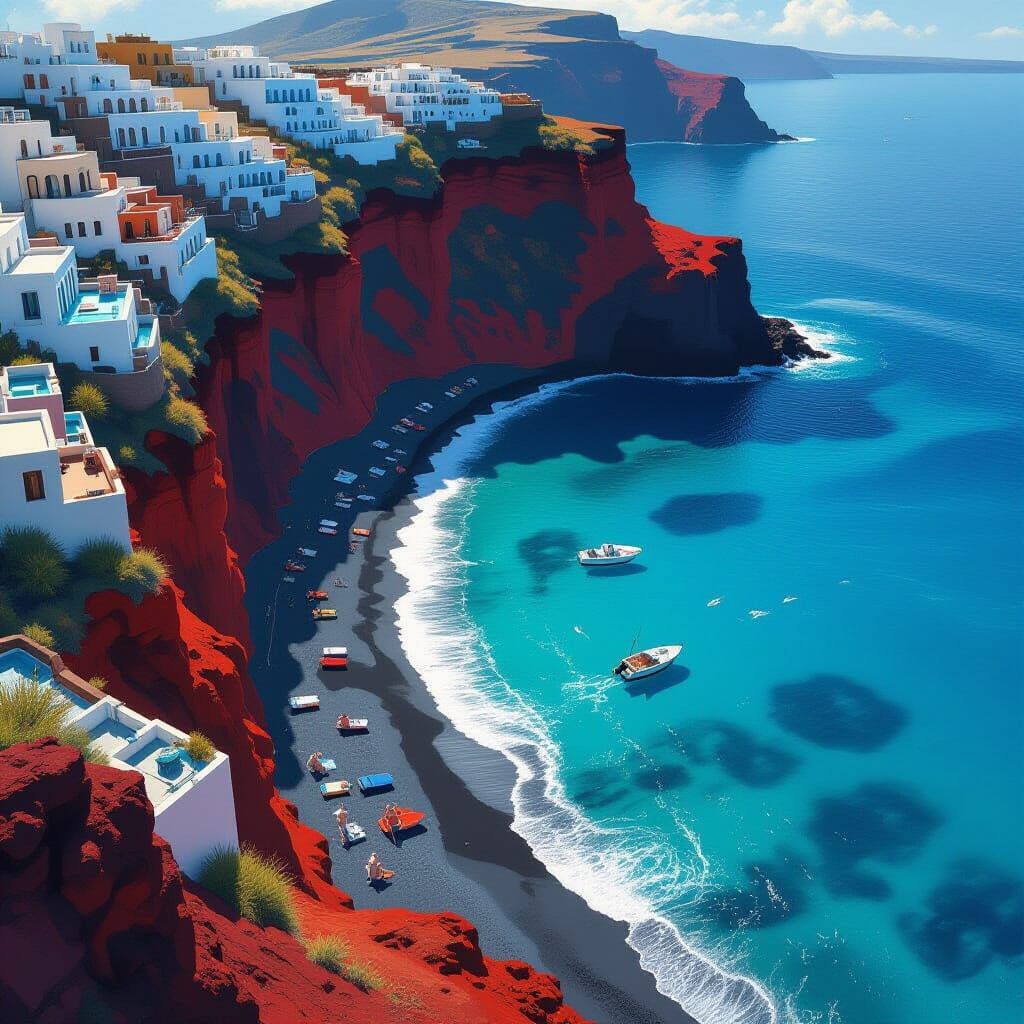 Aerial View of Santorini's Volcanic Beaches in Futuristic St...