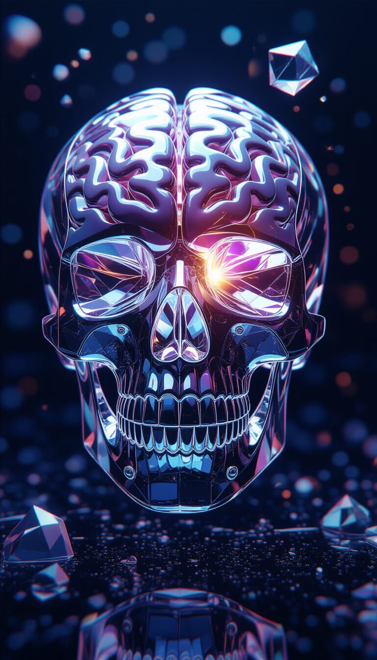 Gemstone Skull with Visible Brain in Digital Art Style